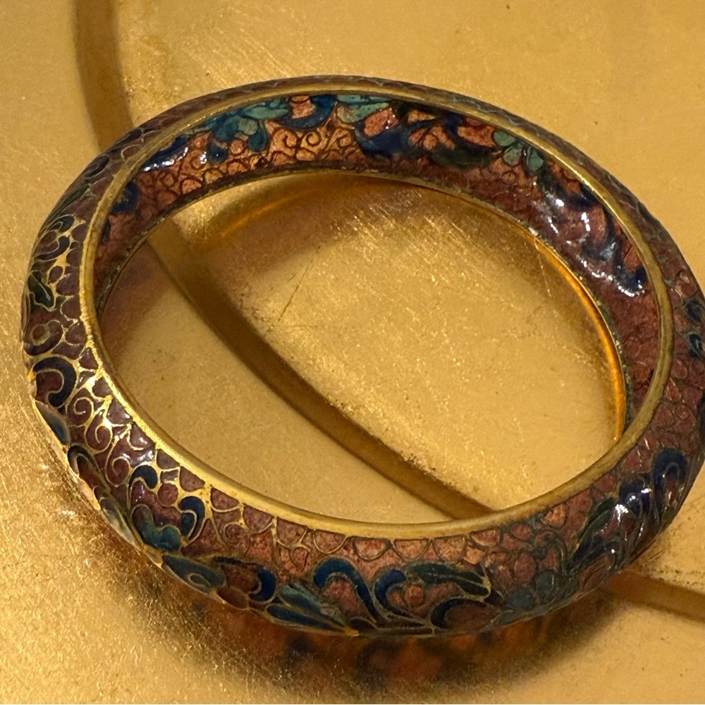 Vintage Plique A Jour Bangle Bracelet Pink & Blue Floral Design Stained Glass - Picture 3 of 8